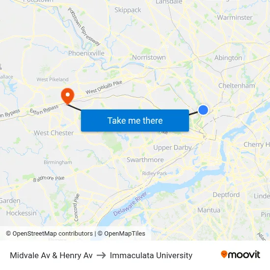 Midvale Av & Henry Av to Immaculata University map