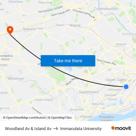 Woodland Av & Island Av to Immaculata University map