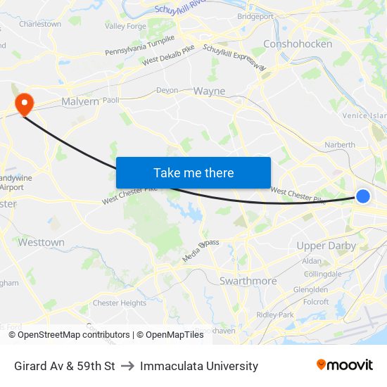 Girard Av & 59th St to Immaculata University map