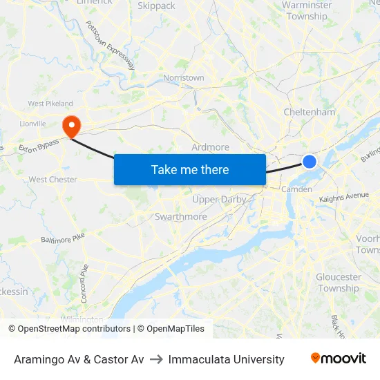 Aramingo Av & Castor Av to Immaculata University map