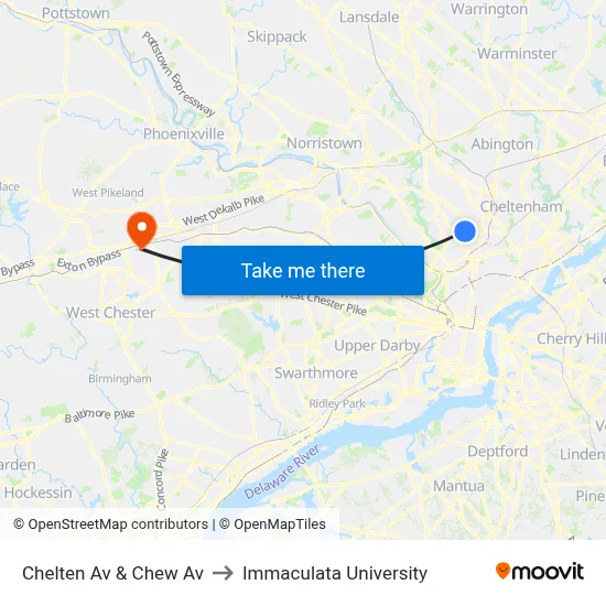 Chelten Av & Chew Av to Immaculata University map