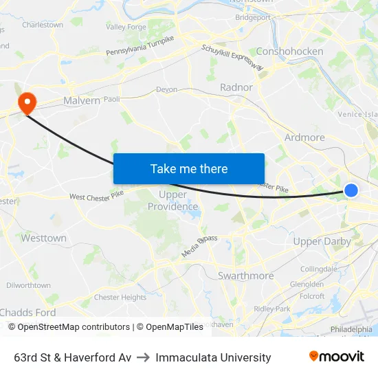 63rd St & Haverford Av to Immaculata University map