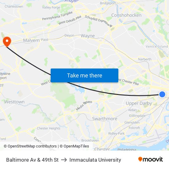 Baltimore Av & 49th St to Immaculata University map