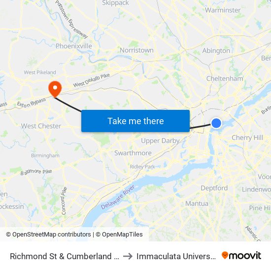 Richmond St & Cumberland St to Immaculata University map