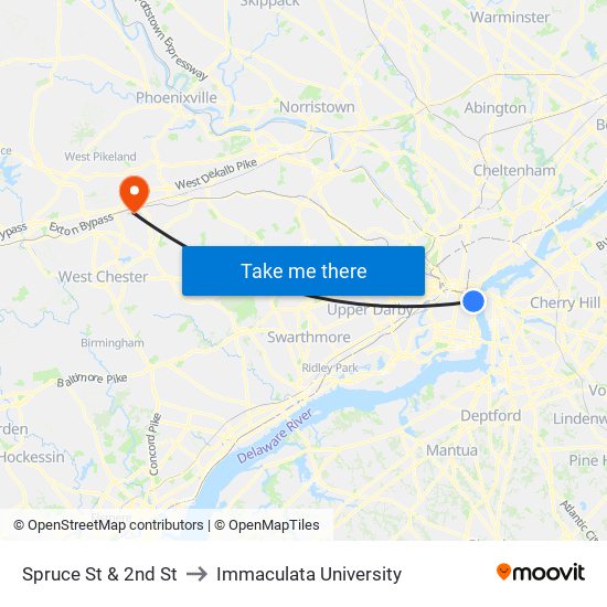 Spruce St & 2nd St to Immaculata University map