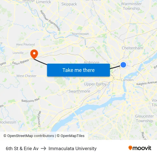 6th St & Erie Av to Immaculata University map