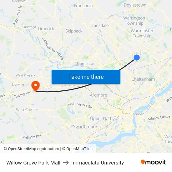 Willow Grove Park Mall to Immaculata University map