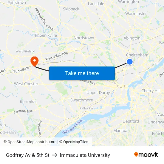 Godfrey Av & 5th St to Immaculata University map