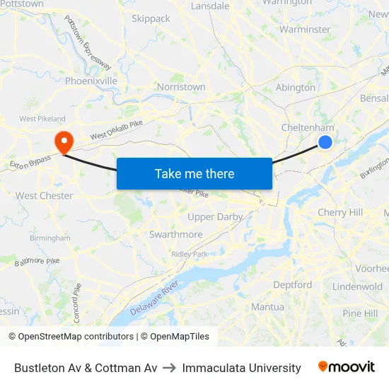 Bustleton Av & Cottman Av to Immaculata University map