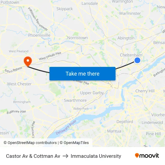Castor Av & Cottman Av to Immaculata University map