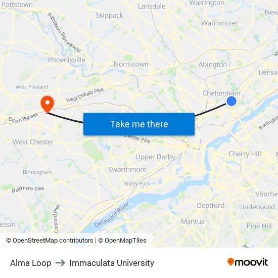 Alma Loop to Immaculata University map