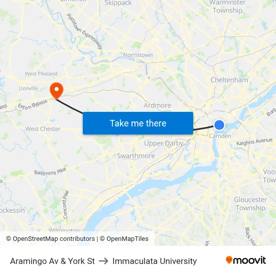 Aramingo Av & York St to Immaculata University map