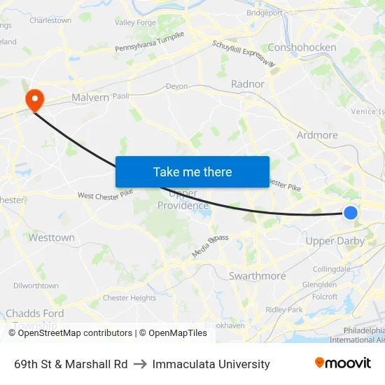 69th St & Marshall Rd to Immaculata University map