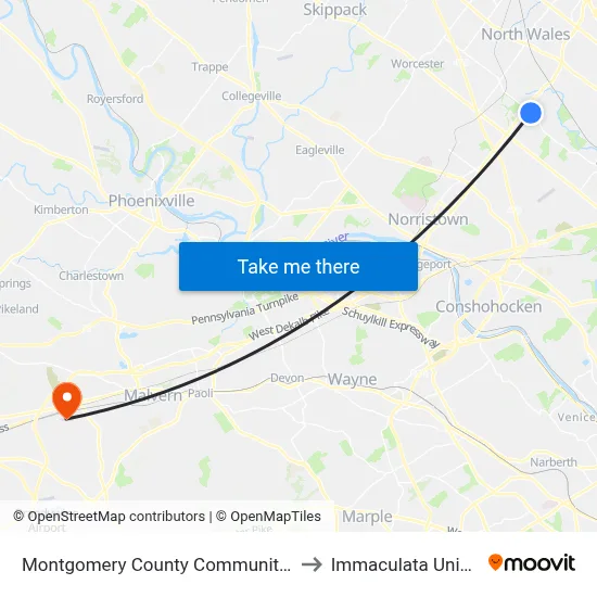 Montgomery County Community College to Immaculata University map