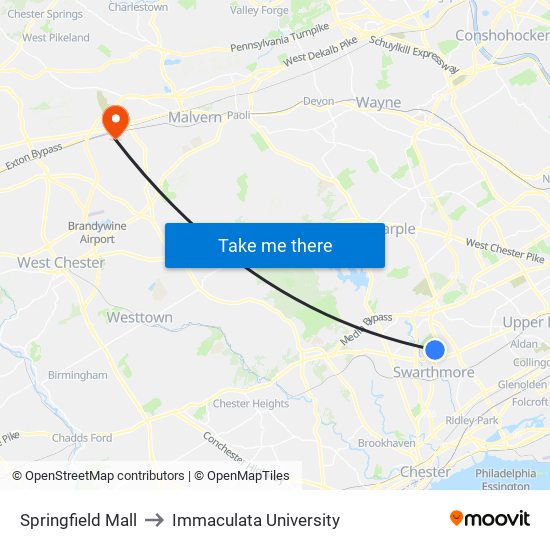 Springfield Mall to Immaculata University map