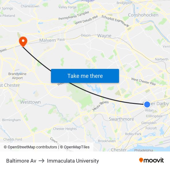 Baltimore Av to Immaculata University map