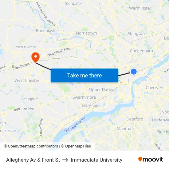 Allegheny Av & Front St to Immaculata University map