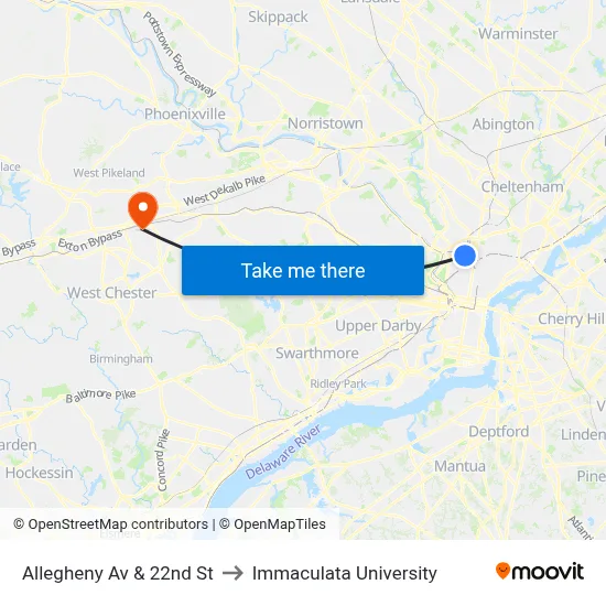 Allegheny Av & 22nd St to Immaculata University map