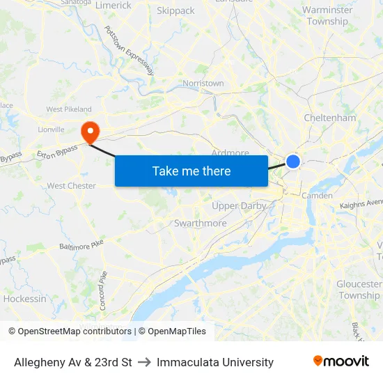 Allegheny Av & 23rd St to Immaculata University map