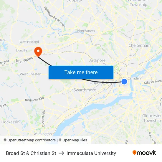 Broad St & Christian St to Immaculata University map