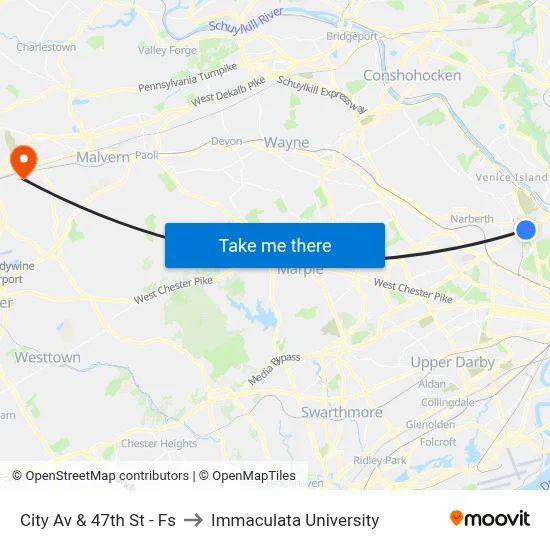 City Av & 47th St - Fs to Immaculata University map