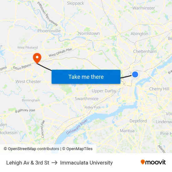 Lehigh Av & 3rd St to Immaculata University map