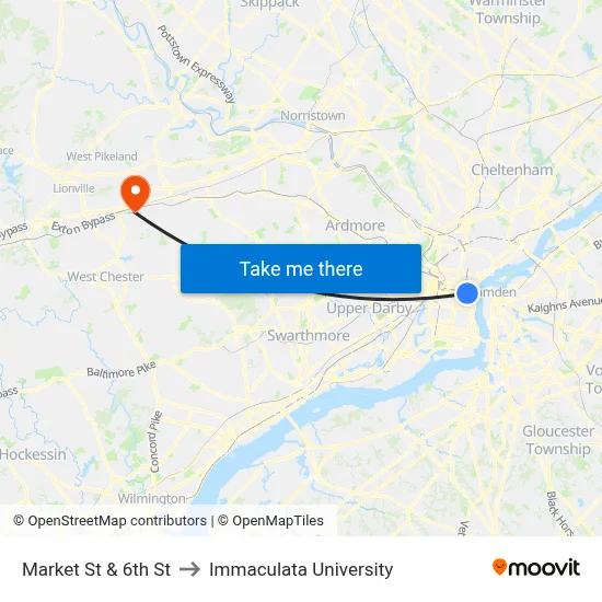 Market St & 6th St to Immaculata University map
