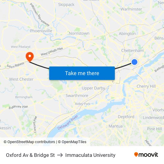 Oxford Av & Bridge St to Immaculata University map