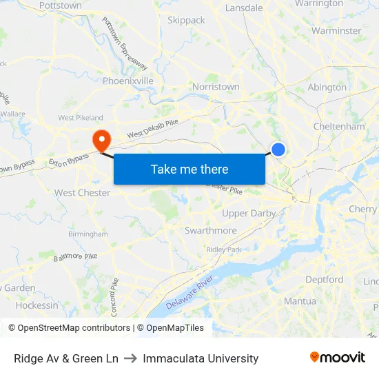 Ridge Av & Green Ln to Immaculata University map