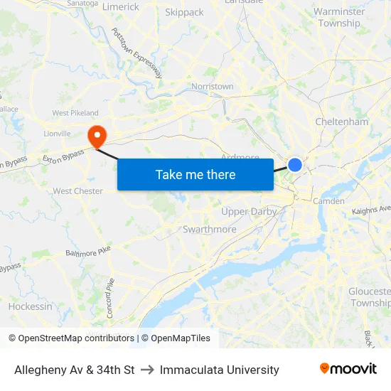 Allegheny Av & 34th St to Immaculata University map