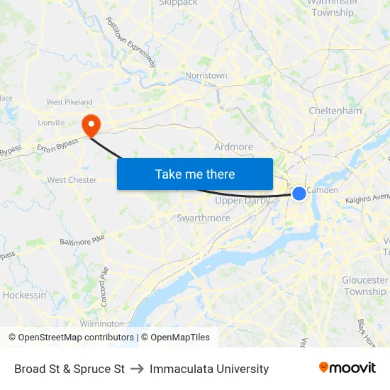 Broad St & Spruce St to Immaculata University map
