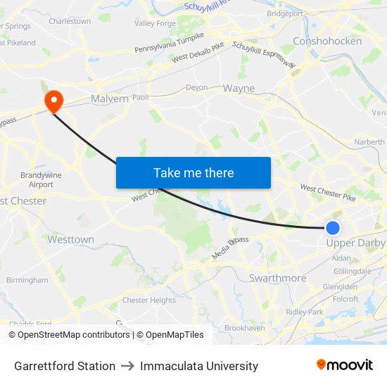 Garrettford Station to Immaculata University map