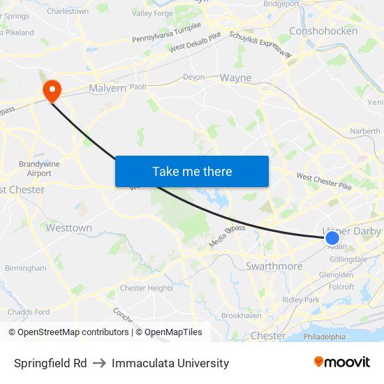 Springfield Rd to Immaculata University map