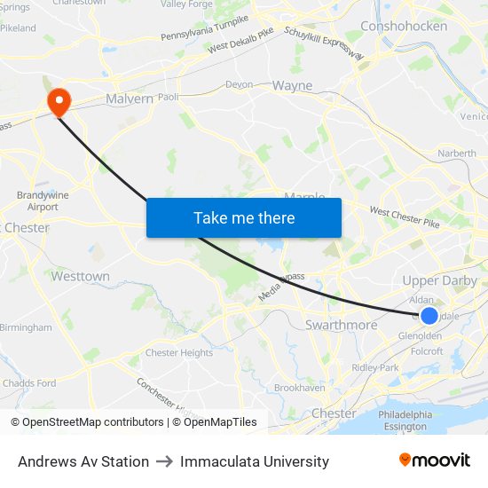 Andrews Av Station to Immaculata University map