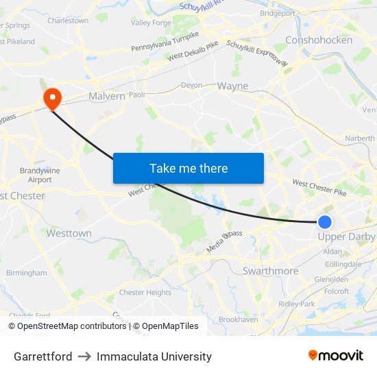 Garrettford to Immaculata University map