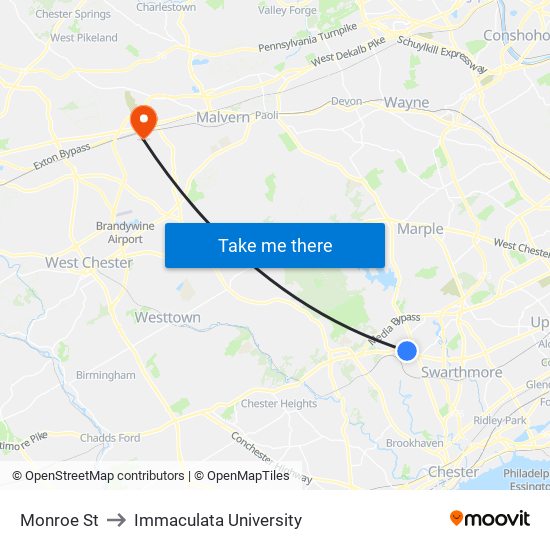 Monroe St to Immaculata University map