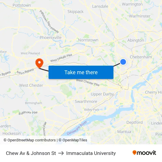 Chew Av & Johnson St to Immaculata University map