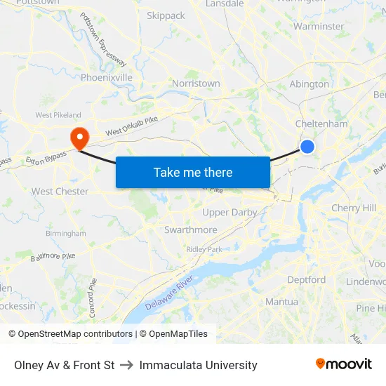 Olney Av & Front St to Immaculata University map