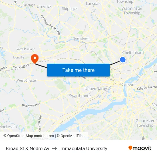 Broad St & Nedro Av to Immaculata University map