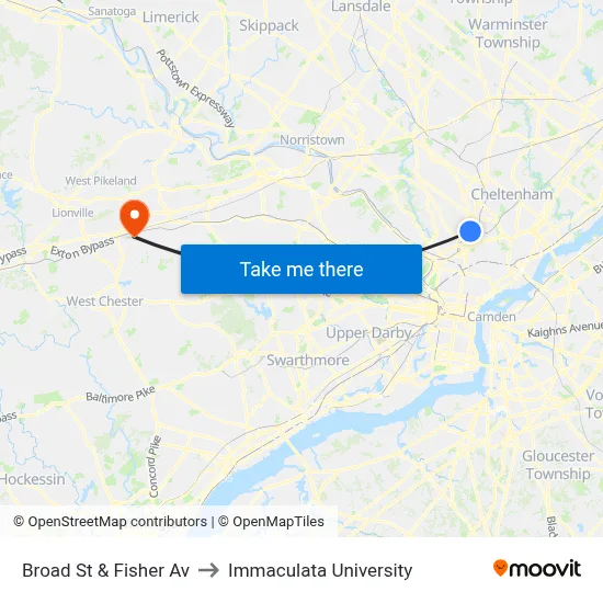 Broad St & Fisher Av to Immaculata University map