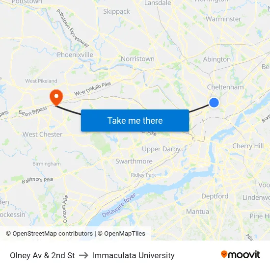 Olney Av & 2nd St to Immaculata University map