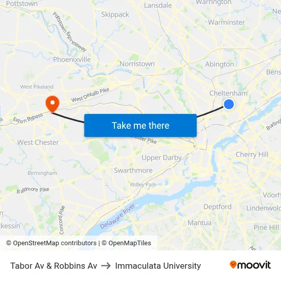 Tabor Av & Robbins Av to Immaculata University map