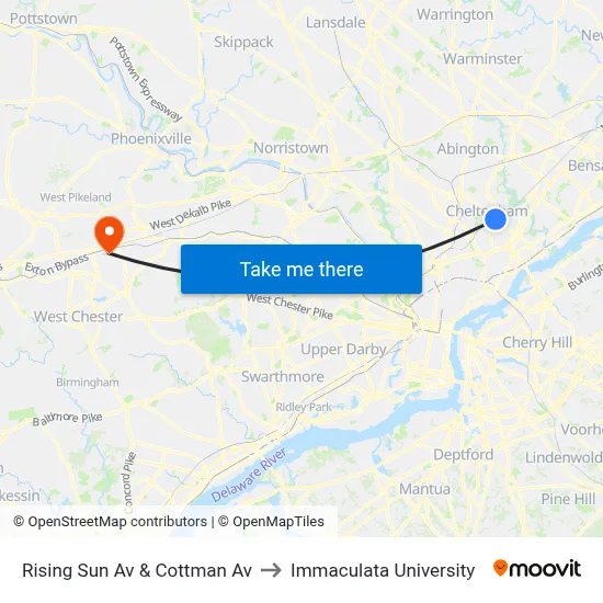 Rising Sun Av & Cottman Av to Immaculata University map
