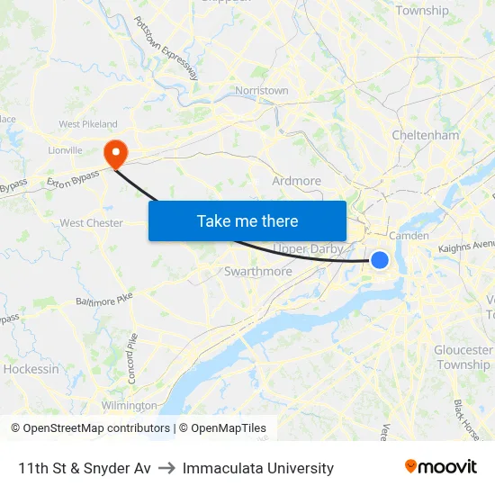 11th St & Snyder Av to Immaculata University map