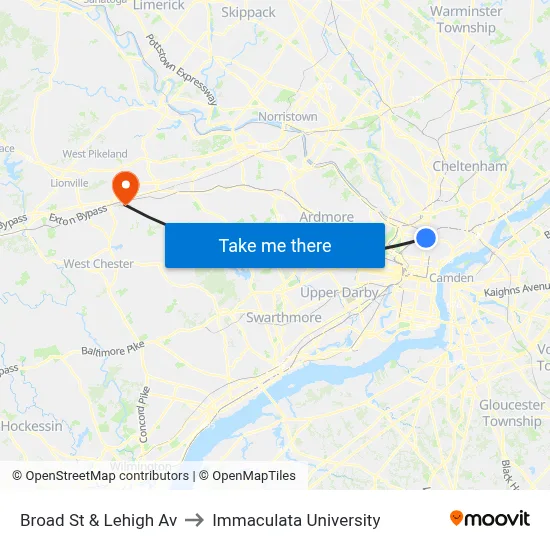 Broad St & Lehigh Av to Immaculata University map