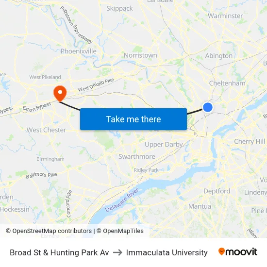 Broad St & Hunting Park Av to Immaculata University map
