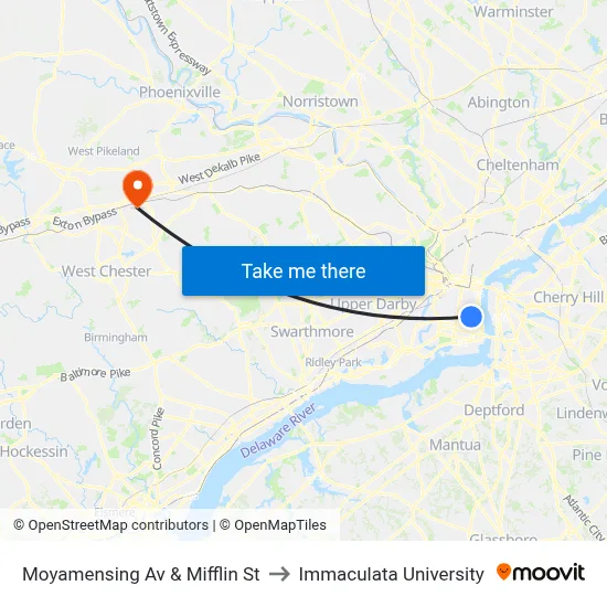 Moyamensing Av & Mifflin St to Immaculata University map