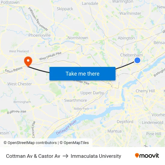 Cottman Av & Castor Av to Immaculata University map