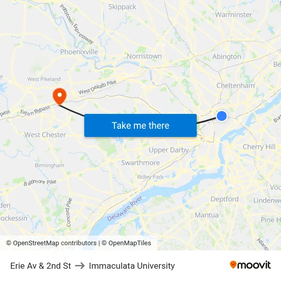 Erie Av & 2nd St to Immaculata University map
