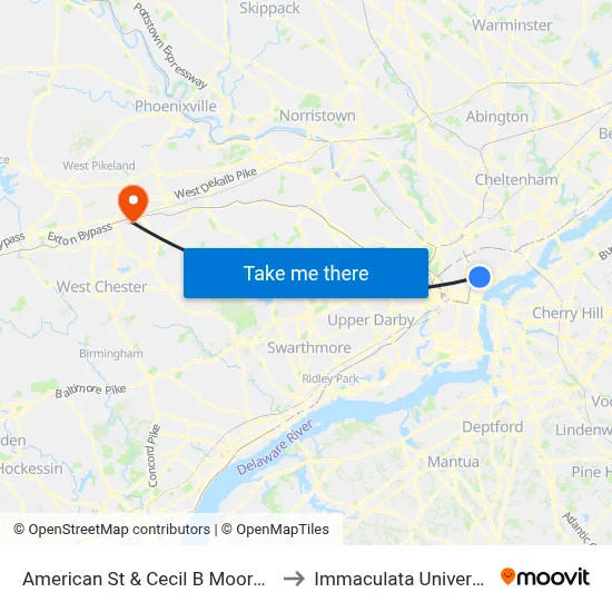 American St & Cecil B Moore Av to Immaculata University map